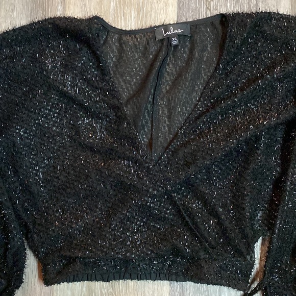 Lulus Black Metallic Crop Top Balloon Sleeves - Picture 2 of 8